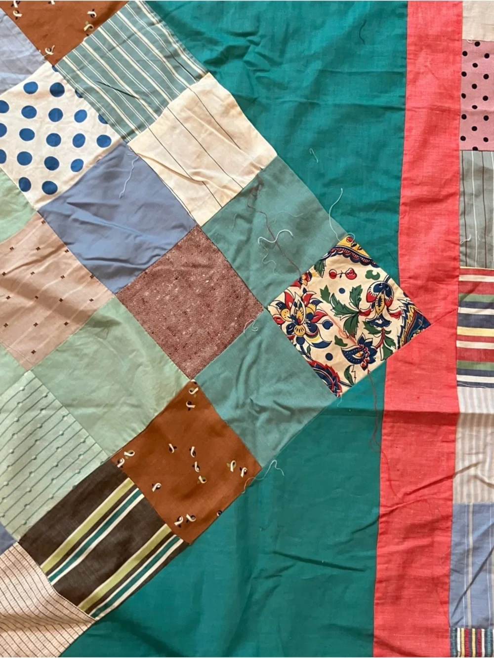 VTG Handmade Hand Pieced Stitched Scrap 57x63 Quilt Top Farmhouse Cottagecore